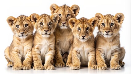Obraz premium Adorable bundle of fluffy lion cubs with varied facial expressions and poses sits snugly together on a pristine white backdrop.
