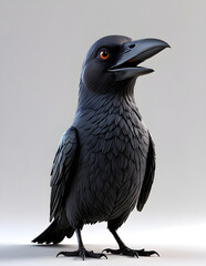A 3D animated cartoon render of a smiling Cute Cartoon American Crow Character 3D Rendered on white background.