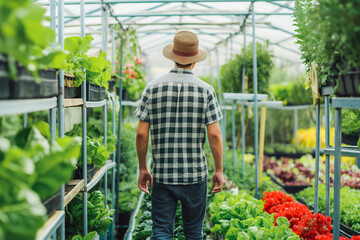 Obraz premium Farmer harvest or inspect farm products quality and fresh vegetables in greenhouse or organic farm with happy for food supply chain and delivery to customer as hydroponic farm and agriculture concept