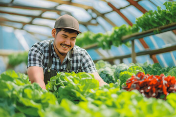 Obraz premium Farmer harvest or inspect farm products quality and fresh vegetables in greenhouse or organic farm with happy for food supply chain and delivery to customer as hydroponic farm and agriculture concept