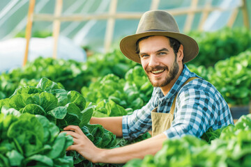 Farmer harvest or inspect farm products quality and fresh vegetables in greenhouse or organic farm with happy for food supply chain and delivery to customer as hydroponic farm and agriculture concept