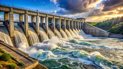 Massive concrete dam structure harnesses turbulent river water energy generating electricity for surrounding industrial landscape and nearby urban areas.