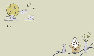 星で彩る、お月見の背景イラスト、月見団子とともに。ペン画風の手描きタッチ。　模様付き。