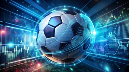 Fototapeta premium Modern soccer ball merged with futuristic digital interface showcasing graphs, charts, and statistics, representing online sports betting and data analysis.