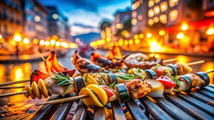Fototapeta premium Sizzling seafood skewers grilled to perfection over an open flame, with a blurred city street background, evoking savory summertime atmosphere.