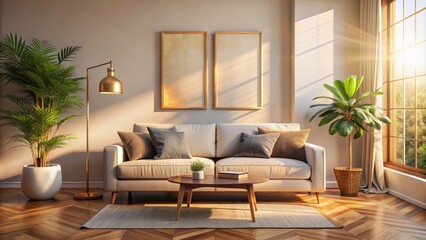 Fototapeta premium Cozy living room setting with sunlit sofa, cinematic frame mockup poster template leaning against it, reflecting warm sunlight ambiance.
