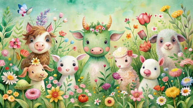 Whimsical watercolor illustration featuring adorable farm animals, vibrant flowers, and lush foliage on a soothing green seamless background.
