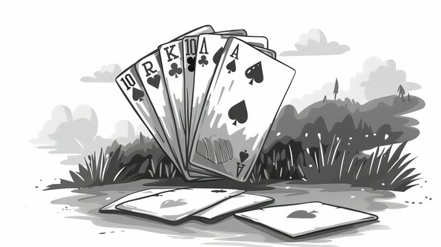 Rummy playing cards, flat design, side view, classic card games theme, cartoon drawing, black and white