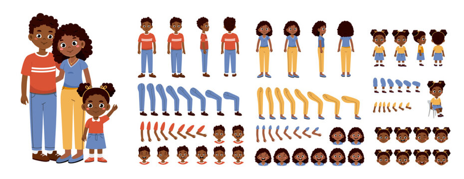 African family constructor set. Man and woman with their daughter wave in friendly manner. Pack of legs, arms and heads to create animation. Parents with kid. Flat vector collection