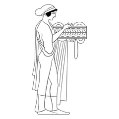 Standing Ancient Greek girl in profile holding a box. Pandora. Vase painting style. Black and white linear silhouette.