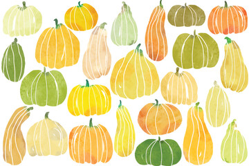 Set of autumn pumpkins in watercolor style. Elegant autumn background. Hand drawn vector pattern with watercolor pumpkins.