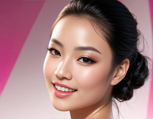 Fototapeta premium Radiant Japanese model, captivating portrait, dynamic solid backdrop, 