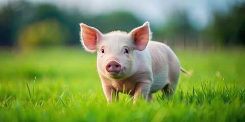 Small cute pig happily grazing on lush green farmland grass, pig, farmland, grass, cute, small, livestock, farm animal