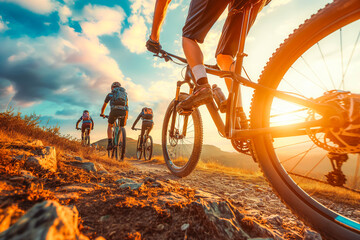 Low angle view of row of cross country bikers traveling in mountain landscape at sunset