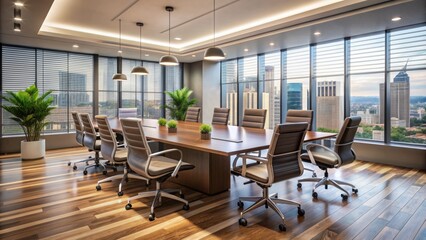Modern corporate office interior with sleek conference room and empty desk chairs waiting for a productive business meeting.