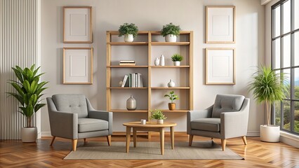 Fototapeta premium Home living room with two armchairs, shelf, window, and mockup frames, interior design, home decor, cozy