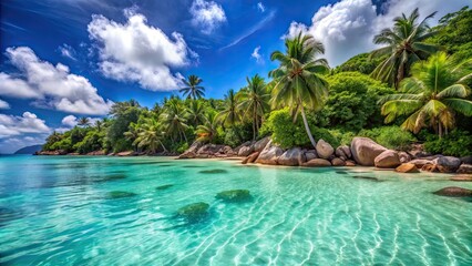 Crystal clear turquoise water with palm trees lining the shore in the Seychelles , Seychelles, tropical, paradise