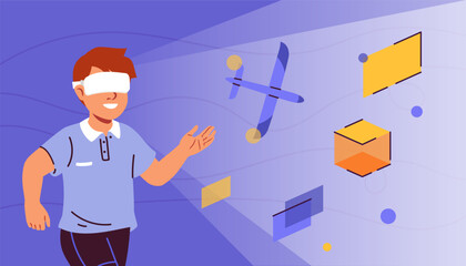 Augmented Reality innovation. Boy in virtual reality glasses looks at airplane and computer monitor. Cyberspace and metaverse simulation. Modern technologies. Flat vector illustration