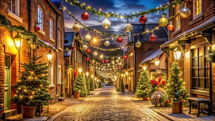 Fototapeta premium Beautifully decorated Christmas street with festive lights and ornaments, Christmas, street, holiday, decorations
