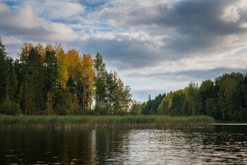 Lake Ladoga near the village Lumivaara on a sunny autumn day, Ladoga skerries, Lakhdenpokhya, Republic of Karelia, Russia