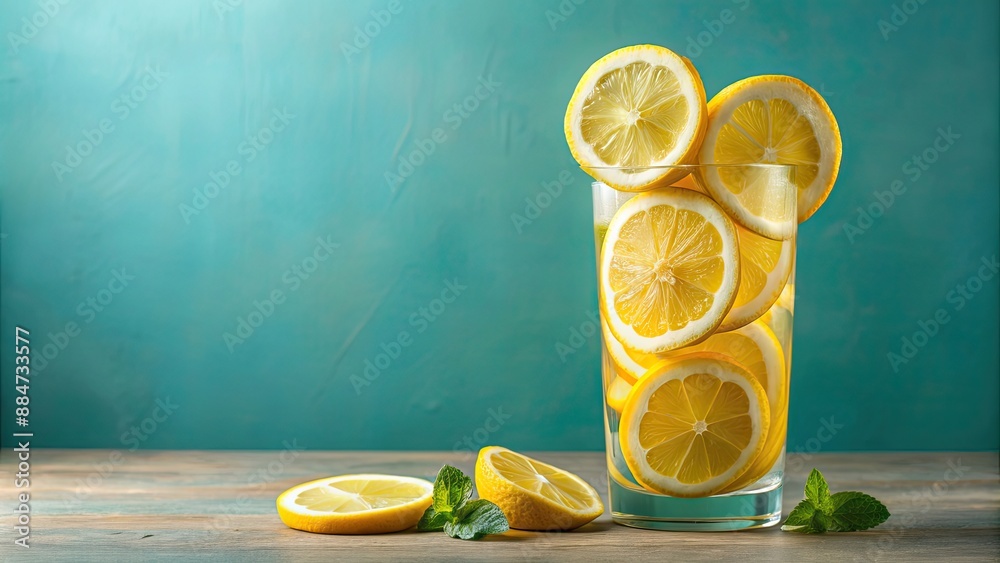 Poster Lemon slices floating in a refreshing glass of lemonade, lemon, slices, drink, beverage, fresh, citrus, summer, refreshment, cold