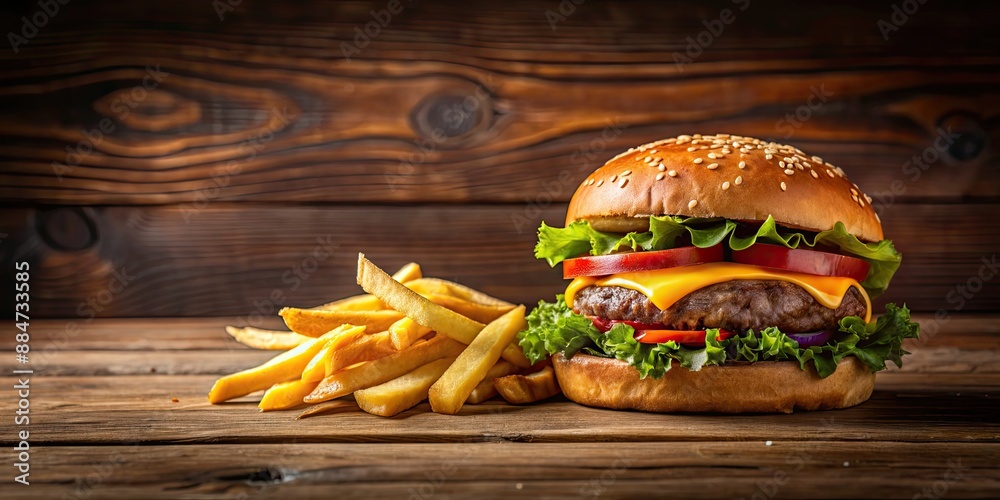 Wall mural Hamburger and fries on wooden table, food, fast food, burger, fries, meal, lunch, snack, unhealthy, delicious, restaurant