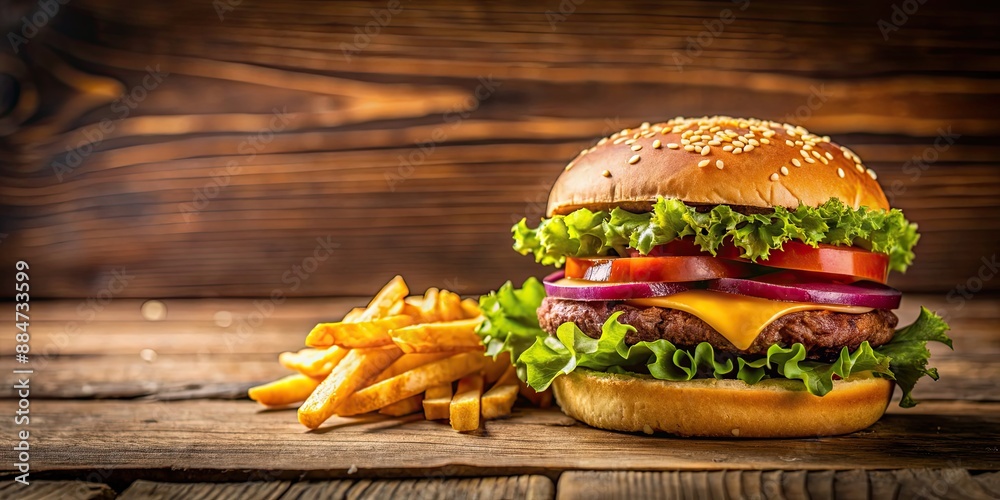 Poster Close-up of a delicious hamburger and fries on a wooden table, fast food, meal, lunch, snack, comfort food, tempting