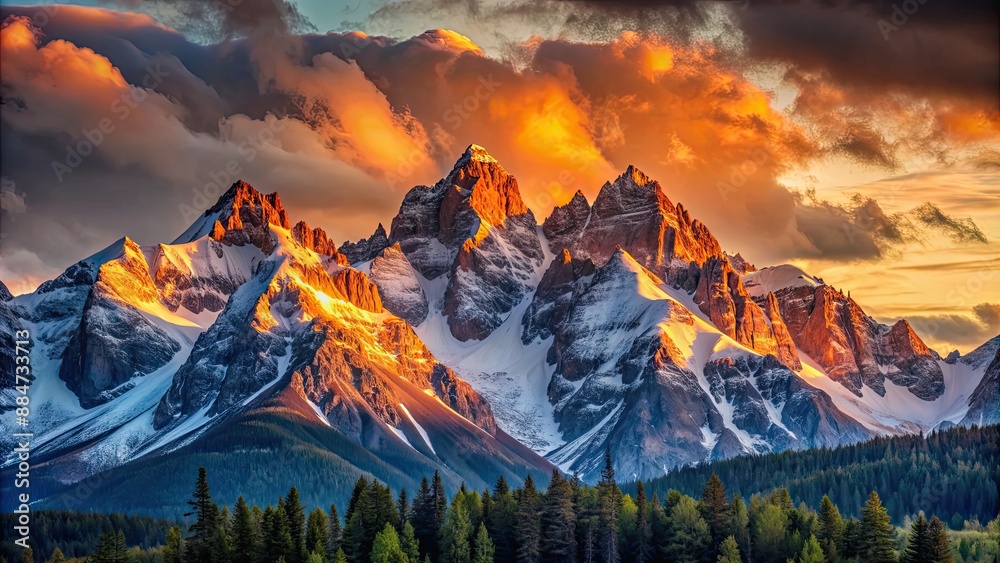 Poster Sunset casting warm light on majestic mountain peaks, sunset, mountains, evening, golden hour, nature, landscape, sky