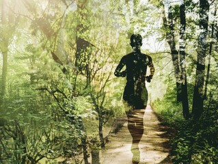 Fototapeta premium Serene Forest Path Double Exposure - Tranquil Jogger Silhouette Embracing Nature's Vitality and Peacefulness