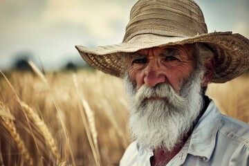 Fototapeta premium Closeup of a pensive old man with a straw hat standing amidst golden wheat
