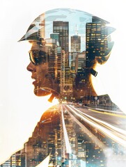 Urban Commuting Energy - Double Exposure of City Skyline Blending with Cyclist's Face in Vibrant Motion
