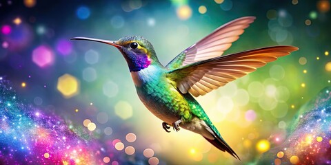 Obraz premium Whimsical hummingbird with magical powers bringing life and color to the world, hummingbird, magical, whimsical, colorful
