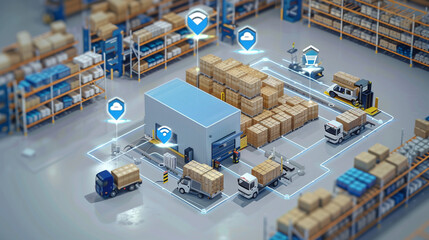 smart warehouse management system, featuring interconnected IoT devices that enable a seamless flow of information and facilitate predictive maintenance 
