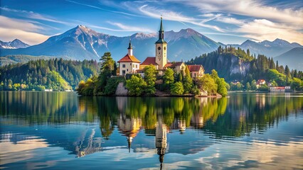 A beautiful landscape of Lake Bled in Slovenia with the iconic church on an island, Slovenia, Lake Bled, church, island