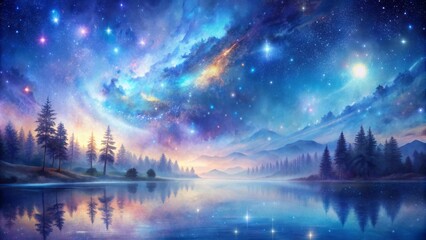 Fototapeta premium Celestial mist swirls around luminous stars in a dreamy watercolor landscape of shimmering blues and purples, devoid of human presence.