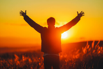 Fototapeta premium Portrait of determined man rising his arms up in the air in sign of self confidence in sunset