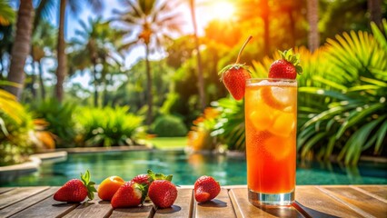 Vibrant orange fizzy drink with a plump fresh strawberry garnish sits on a poolside table amidst tropical greenery and sunny ambiance.