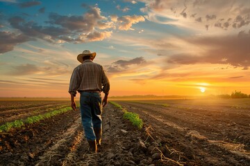 Fototapeta premium Back view of a farmer strolling between crop rows during a vibrant sunset