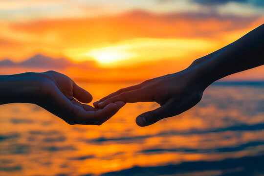 Reaching out and helping hand concept with sunset in background