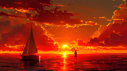 sunrise or sunset on sea style anime