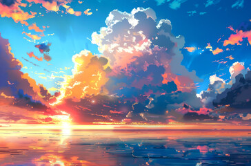 Naklejka premium sunrise or sunset on sea style anime