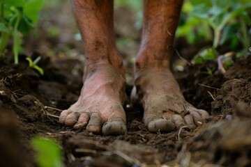 Closeup of a farmer's bare feet on fertile ground, symbolizing connection to earth