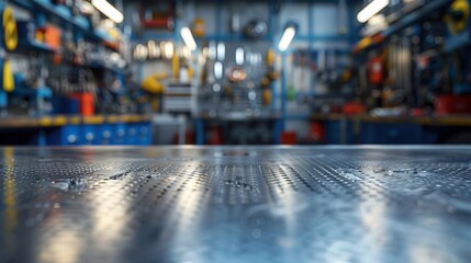 Obraz premium A metal blank tabletop with blurred automotive tools and parts in the background suitable for promoting automotive products