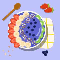 Illustration vector graphic of blueberry acai smoothie bowl with banana, blueberries, strawberries and oats vector top view 