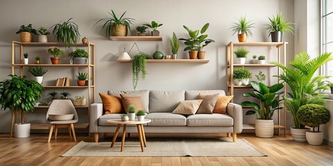 Fototapeta premium Cozy living room interior with a sofa and multiple plant pots, living room, interior, sofa, plants, pots, cozy, home