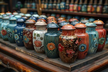 A row of colorful vases on a shelf.
