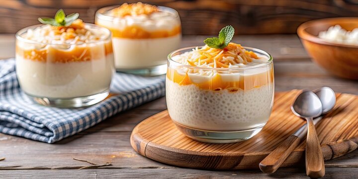 Creamy coconut tapioca pudding drizzled with condensed milk, a popular dessert in northeastern Brazil, coconut, tapioca