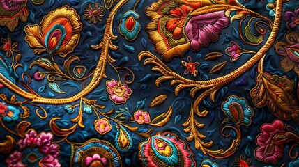 Intricate paisley pattern with traditional motifs and rich colors, showcasing cultural heritage