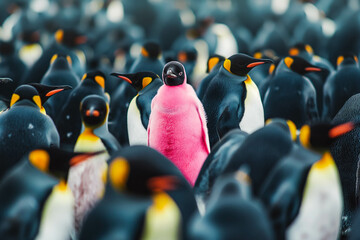 Standing out from the crowd with pink penguin between penguins