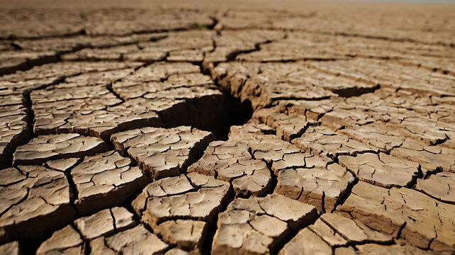 A detailed shot of cracked, parched earth in a drought-stricken landscape